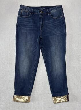 Chico's Boyfriend Ankle Jeans Womens 8R Blue Sequin Cuff Zip Stretch Denim